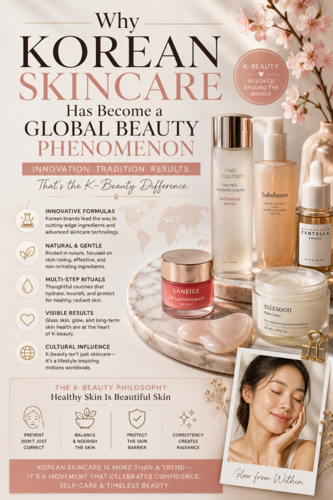 Editorial infographic explaining why Korean skincare has become a global beauty phenomenon, featuring luxury Korean skincare products, botanical ingredients, glass skin tips, K-beauty philosophy, and elegant spa-inspired styling with text highlighting innovative formulas, healthy skin routines, and glowing skin benefits.