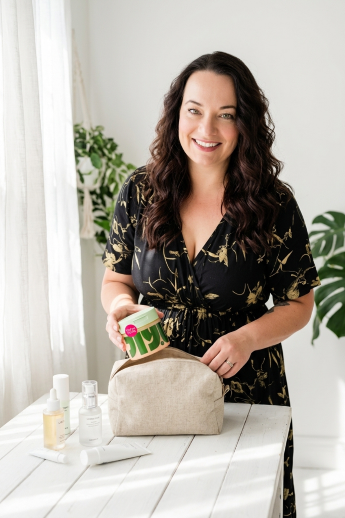Woman packing a travel cosmetic bag with Korean skincare products in a bright, minimalist room. The image highlights travel-friendly K-beauty essentials for maintaining hydrated, healthy glass skin while traveling, including moisturizers, serums, and skincare treatments.