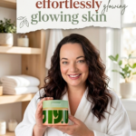 Woman in a white spa robe holding a Korean skincare moisturizer in a bright luxury bathroom with text reading "Your Secret to Effortlessly Glowing Skin." Editorial-style beauty image featuring a Korean moisturizer, spa-inspired decor, natural light, and a healthy glass skin skincare routine.