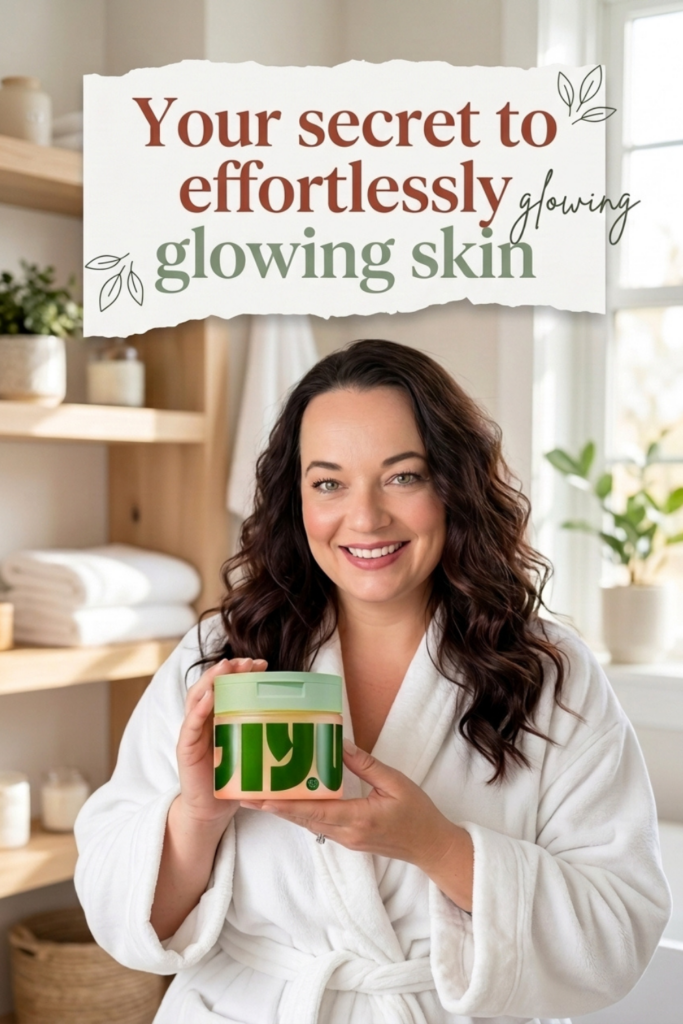 Woman in a white spa robe holding a Korean skincare moisturizer in a bright luxury bathroom with text reading "Your Secret to Effortlessly Glowing Skin." Editorial-style beauty image featuring a Korean moisturizer, spa-inspired decor, natural light, and a healthy glass skin skincare routine.