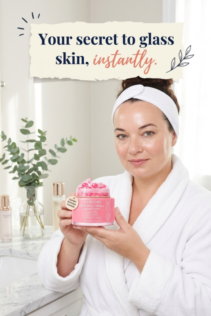 Pinterest pin featuring a woman in a white spa robe holding a Korean collagen cream in a bright luxury bathroom. The image includes the text "Your Secret to Glass Skin, Instantly" and highlights a Korean collagen moisturizer designed to hydrate skin, improve radiance, and support a healthy glass skin skincare routine.