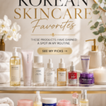 Luxury bathroom vanity featuring a curated collection of favorite Korean skincare products on Amazon, including cleansers, toners, serums, essences, collagen creams, and moisturizers. Editorial beauty image with elegant spa styling and text reading "My Amazon Korean Skincare Favorites" promoting K-beauty products for healthy, glowing glass skin.