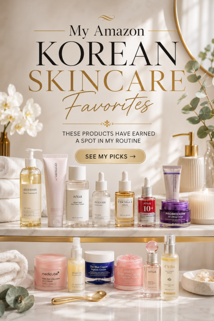 Luxury bathroom vanity featuring a curated collection of favorite Korean skincare products on Amazon, including cleansers, toners, serums, essences, collagen creams, and moisturizers. Editorial beauty image with elegant spa styling and text reading "My Amazon Korean Skincare Favorites" promoting K-beauty products for healthy, glowing glass skin.