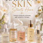 Pinterest pin featuring a collection of luxury Korean serums on a marble vanity, including Mixsoon Bean Essence, SKIN1004 Madagascar Centella Ampoule, Anua Peach 70 Niacin Serum, d'Alba First Spray Serum, and TirTir Pure Vitamin C Serum. The image reads "The Secret to Radiant Skin Starts Here" and promotes the best Korean serums for glowing, hydrated glass skin.