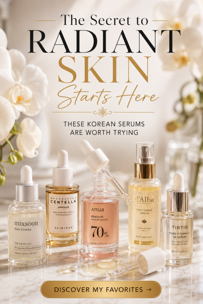 Pinterest pin featuring a collection of luxury Korean serums on a marble vanity, including Mixsoon Bean Essence, SKIN1004 Madagascar Centella Ampoule, Anua Peach 70 Niacin Serum, d'Alba First Spray Serum, and TirTir Pure Vitamin C Serum. The image reads "The Secret to Radiant Skin Starts Here" and promotes the best Korean serums for glowing, hydrated glass skin.