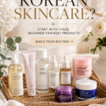 Luxury bathroom vanity featuring a curated collection of favorite Korean skincare products on Amazon, including cleansers, toners, serums, essences, collagen creams, and moisturizers. Editorial beauty image with elegant spa styling and text reading "My Amazon Korean Skincare Favorites" promoting K-beauty products for healthy, glowing glass skin.