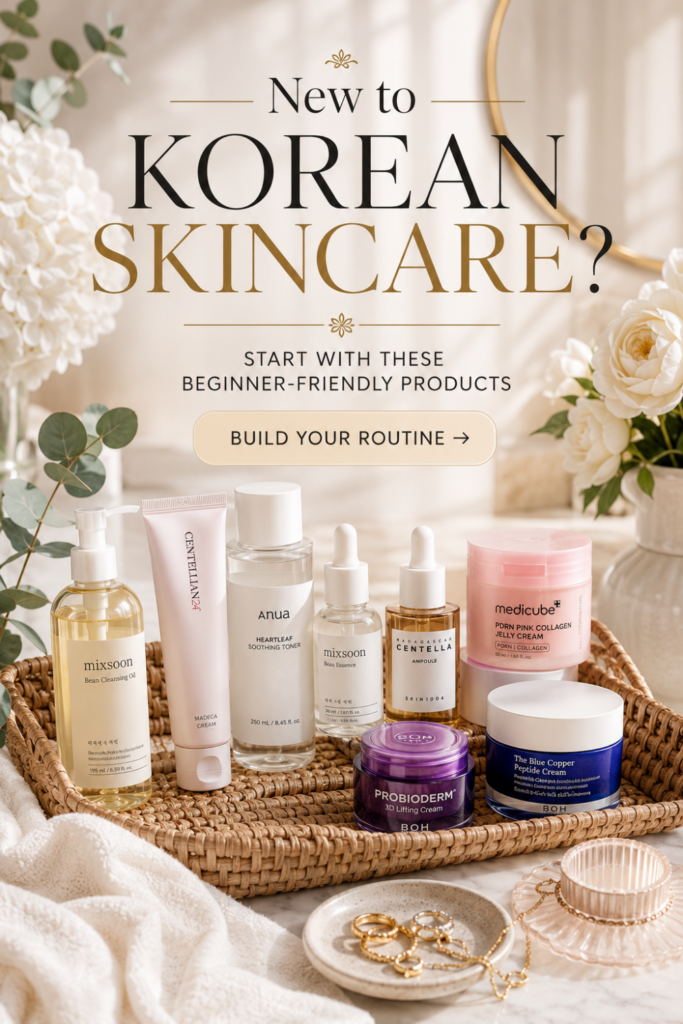 Luxury bathroom vanity featuring a curated collection of favorite Korean skincare products on Amazon, including cleansers, toners, serums, essences, collagen creams, and moisturizers. Editorial beauty image with elegant spa styling and text reading "My Amazon Korean Skincare Favorites" promoting K-beauty products for healthy, glowing glass skin.