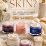 Pinterest pin showcasing the best Korean moisturizers for dry skin, featuring luxury K-beauty creams including Probioderm, Medicube PDRN Pink Collagen Jelly Cream, Mixsoon Bean Cream, SKIN1004 Centella Soothing Cream, and The Blue Copper Peptide Cream. The elegant spa-inspired design reads "Dry Skin? These Korean Moisturizers Deliver Deep Hydration" with a "Find Your Match" call-to-action button.