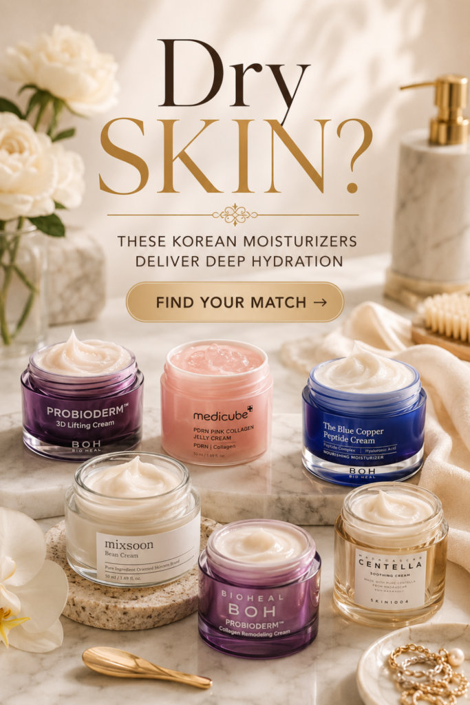 Pinterest pin showcasing the best Korean moisturizers for dry skin, featuring luxury K-beauty creams including Probioderm, Medicube PDRN Pink Collagen Jelly Cream, Mixsoon Bean Cream, SKIN1004 Centella Soothing Cream, and The Blue Copper Peptide Cream. The elegant spa-inspired design reads "Dry Skin? These Korean Moisturizers Deliver Deep Hydration" with a "Find Your Match" call-to-action button.