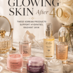 Pinterest pin featuring a luxury Korean skincare routine for women over 40 with hydrating serums, collagen ampoules, peptide creams, and moisturizers displayed on a marble vanity with white roses. The text reads "Healthy, Glowing Skin After 40" and highlights Korean beauty products that support hydrated, radiant, youthful-looking skin with a call-to-action to explore the routine.