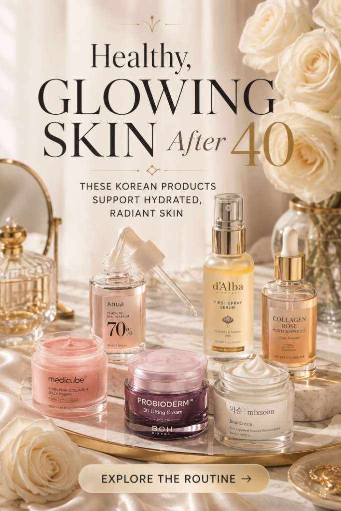 Pinterest pin featuring a luxury Korean skincare routine for women over 40 with hydrating serums, collagen ampoules, peptide creams, and moisturizers displayed on a marble vanity with white roses. The text reads "Healthy, Glowing Skin After 40" and highlights Korean beauty products that support hydrated, radiant, youthful-looking skin with a call-to-action to explore the routine.
