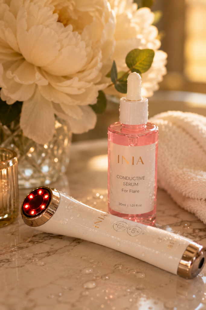 Luxury Pinterest pin featuring an at-home red light therapy skincare device and conductive serum displayed on a marble vanity with white flowers, spa towels, and warm golden lighting. The image highlights an LED facial device used alongside Korean skincare to support glowing, hydrated, youthful-looking skin and elevate an anti-aging skincare routine.