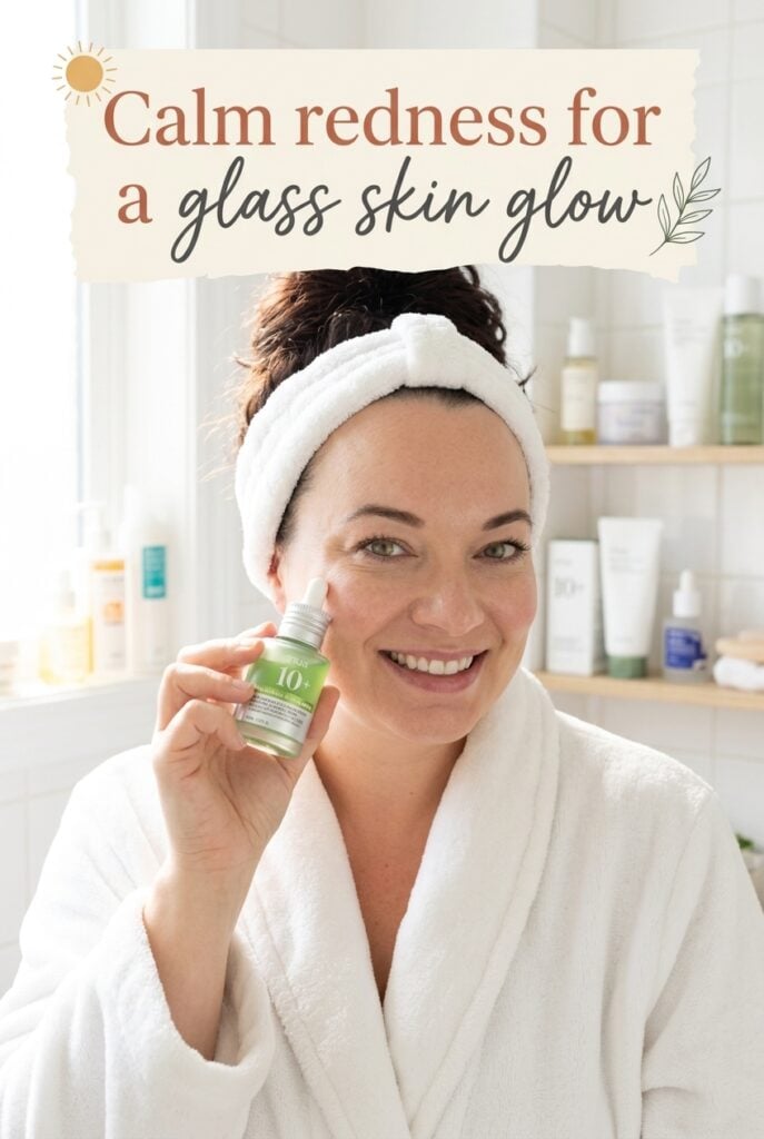Pinterest pin featuring a woman in a white spa robe holding a Korean serum in a bright bathroom. The text reads "Calm Redness for a Glass Skin Glow." The image promotes soothing Korean skincare products for sensitive skin, redness relief, hydration, and achieving healthy, radiant glass skin.