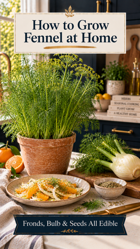 Tall fennel plant with feathery green fronds in a terracotta pot on a white quartz countertop, dark navy cabinetry blurred behind, fresh fennel bulb with fronds attached on a wooden cutting board beside a small dish of fennel seeds and a citrus salad with orange slices and fennel shavings, brushed gold chef's knife nearby, warm natural light.