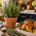 Woody rosemary plant in a terracotta pot on a white quartz countertop with dark navy cabinetry background, rustic wooden cutting board holding fresh rosemary sprigs beside a beautifully roasted whole chicken with golden crispy skin, brushed gold serving fork, warm golden hour lighting.