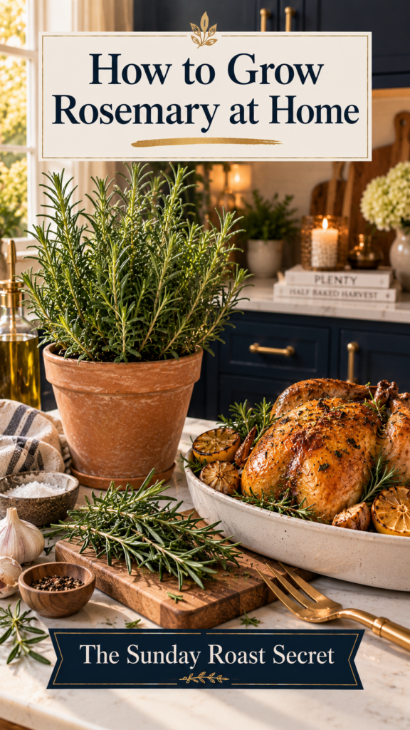 Woody rosemary plant in a terracotta pot on a white quartz countertop with dark navy cabinetry background, rustic wooden cutting board holding fresh rosemary sprigs beside a beautifully roasted whole chicken with golden crispy skin, brushed gold serving fork, warm golden hour lighting.