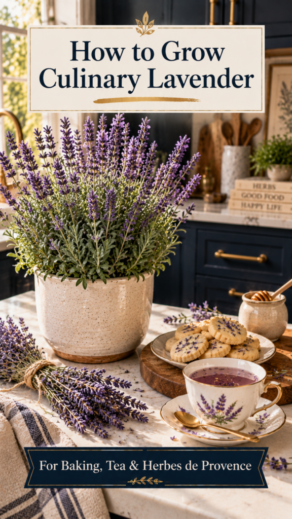 Blooming lavender plant with tall purple flower spikes in a cream ceramic pot on a white quartz countertop, dark navy cabinetry blurred behind, small plate of lavender shortbread cookies and a delicate porcelain teacup of lavender tea in the foreground, dried lavender sprigs tied with twine, brushed gold spoon and honey pot nearby, warm natural light.