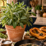Robust sage plant with velvety silver-green leaves in a terracotta pot on a white quartz countertop, dark navy cabinetry softly blurred behind, cast iron skillet with browned butter and crispy fried sage leaves in the foreground, golden roasted butternut squash half on a wooden board nearby, brushed gold serving spoon and small dish of flaky sea salt, warm golden hour lighting.