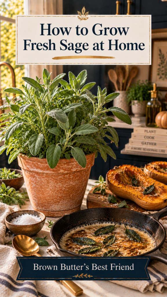 Robust sage plant with velvety silver-green leaves in a terracotta pot on a white quartz countertop, dark navy cabinetry softly blurred behind, cast iron skillet with browned butter and crispy fried sage leaves in the foreground, golden roasted butternut squash half on a wooden board nearby, brushed gold serving spoon and small dish of flaky sea salt, warm golden hour lighting.