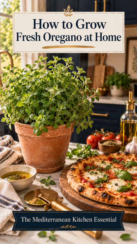 Thriving oregano plant with small round green leaves in a terracotta pot on a white quartz countertop, dark navy cabinetry softly blurred behind, wooden pizza board holding a freshly baked margherita pizza topped with torn oregano, brushed gold pizza cutter and a small bowl of olive oil nearby, warm golden lighting.