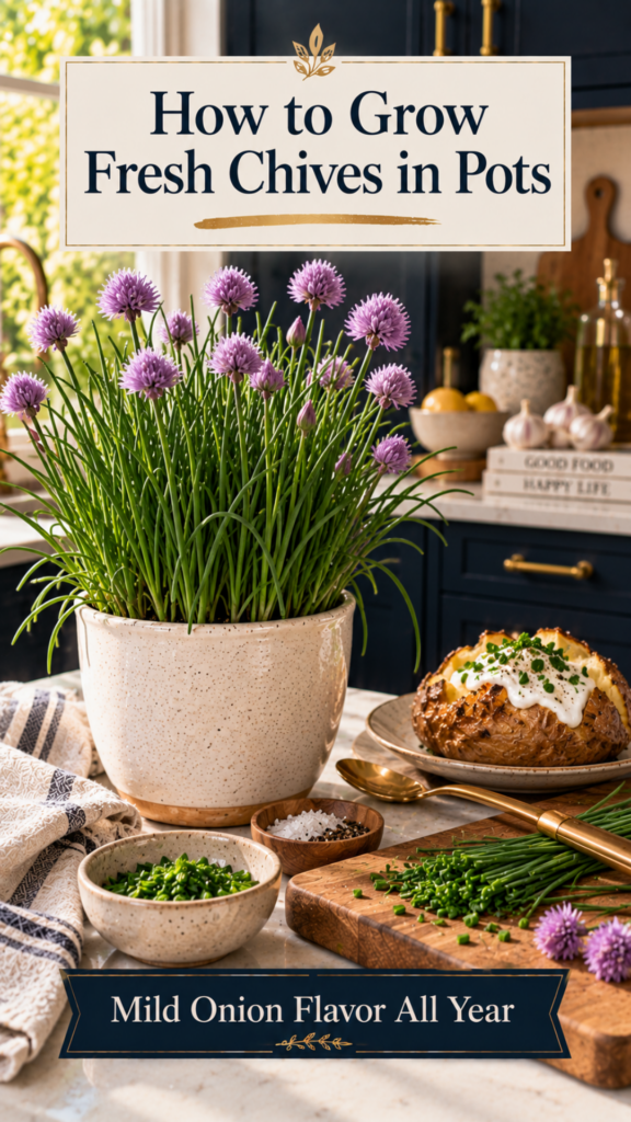Lush chive plant with tall slender green stalks and rounded purple pom-pom flowers in a cream ceramic pot on a white quartz countertop, dark navy cabinetry blurred behind, freshly chopped chives on a wooden cutting board beside a rustic baked potato topped with a dollop of sour cream, brushed gold serving spoon nearby, warm natural light.