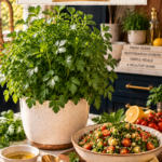 Lush flat-leaf Italian parsley plant in a cream ceramic pot on a white quartz countertop, dark navy cabinetry softly blurred behind, wooden serving board holding a colorful bowl of tabbouleh salad topped with fresh parsley, lemon wedges, and cherry tomatoes in the foreground, brushed gold serving spoon and small dish of olive oil nearby, warm natural light.
