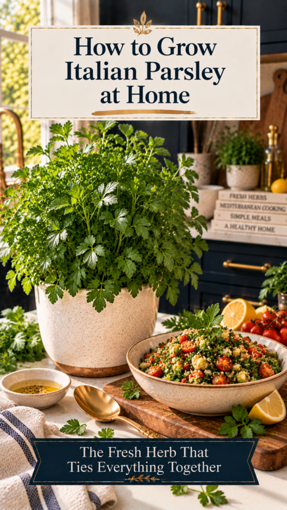Lush flat-leaf Italian parsley plant in a cream ceramic pot on a white quartz countertop, dark navy cabinetry softly blurred behind, wooden serving board holding a colorful bowl of tabbouleh salad topped with fresh parsley, lemon wedges, and cherry tomatoes in the foreground, brushed gold serving spoon and small dish of olive oil nearby, warm natural light.