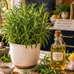 Delicate French tarragon plant with slender long green leaves in a cream ceramic pot on a white quartz countertop, dark navy cabinetry blurred behind, fresh tarragon sprigs on a wooden cutting board beside a small glass bottle of homemade tarragon vinegar with a cork stopper, brushed gold spoon nearby, warm natural light.