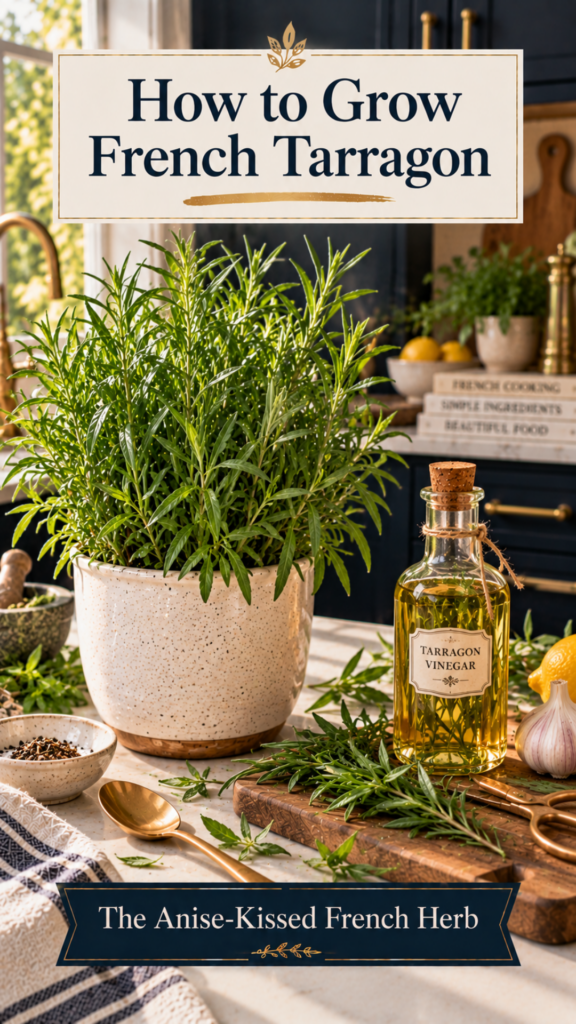 Delicate French tarragon plant with slender long green leaves in a cream ceramic pot on a white quartz countertop, dark navy cabinetry blurred behind, fresh tarragon sprigs on a wooden cutting board beside a small glass bottle of homemade tarragon vinegar with a cork stopper, brushed gold spoon nearby, warm natural light.