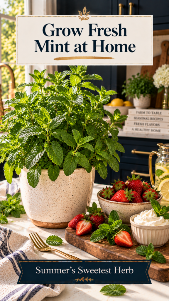 Vibrant mint plant with bright green crinkled leaves in a cream ceramic pot on a white quartz countertop, dark navy cabinetry blurred behind, rustic wooden board holding a bowl of fresh strawberries, mint sprigs, and a small ramekin of whipped cream in the foreground, brushed gold dessert fork nearby, bright natural summer light.
