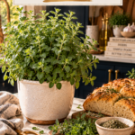 Soft-leafed marjoram plant with delicate oval green leaves in a cream ceramic pot on a white quartz countertop, dark navy cabinetry softly blurred behind, fresh marjoram sprigs on a wooden cutting board beside a small bowl of dried Mediterranean herb blend and a rustic loaf of herbed focaccia, brushed gold shears nearby, warm natural light.