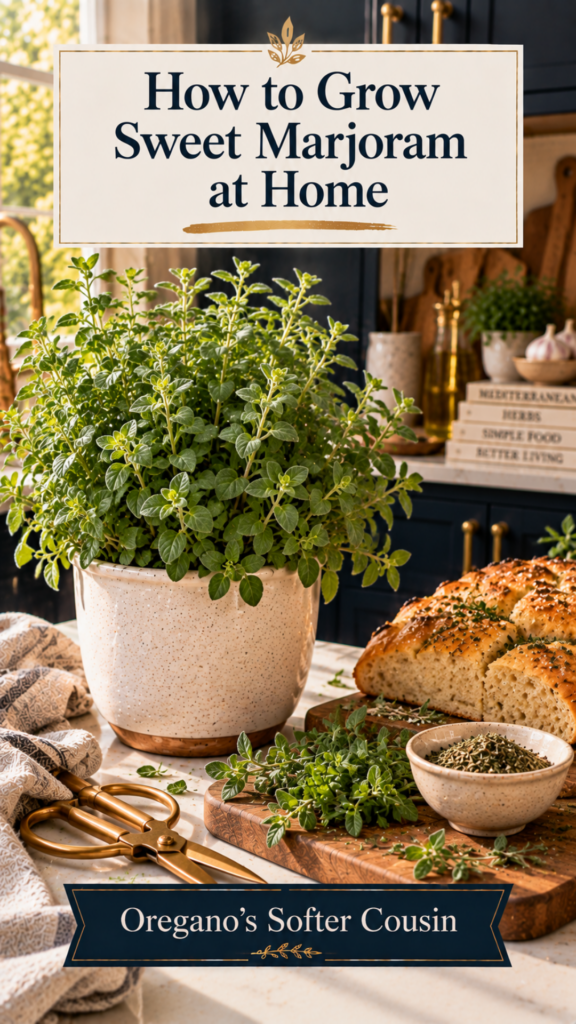Soft-leafed marjoram plant with delicate oval green leaves in a cream ceramic pot on a white quartz countertop, dark navy cabinetry softly blurred behind, fresh marjoram sprigs on a wooden cutting board beside a small bowl of dried Mediterranean herb blend and a rustic loaf of herbed focaccia, brushed gold shears nearby, warm natural light.