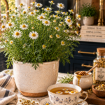 Blooming chamomile plant with small white daisy-like flowers and delicate feathery green leaves in a cream ceramic pot on a white quartz countertop, dark navy cabinetry blurred behind, porcelain teacup of warm chamomile tea with floating blossoms in the foreground, small honey pot and brushed gold spoon nearby, dried chamomile flowers scattered artfully.