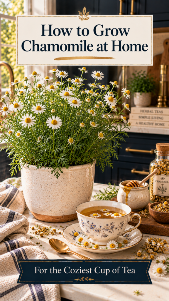 Blooming chamomile plant with small white daisy-like flowers and delicate feathery green leaves in a cream ceramic pot on a white quartz countertop, dark navy cabinetry blurred behind, porcelain teacup of warm chamomile tea with floating blossoms in the foreground, small honey pot and brushed gold spoon nearby, dried chamomile flowers scattered artfully.