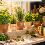 Fresh culinary herb garden on a white quartz kitchen counter with basil, mint, rosemary, and thyme growing in cream ceramic and terracotta pots, dark navy cabinetry with brushed gold hardware in the background, cutting board and brushed gold shears nearby, sunlight streaming through the window, luxury modern farmhouse kitchen styling.