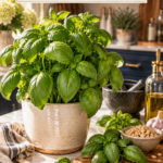 Vibrant lush basil plant in a cream ceramic pot on a white quartz countertop with dark navy cabinetry softly blurred behind, close up of fresh basil leaves with dew droplets, wooden cutting board nearby with picked basil sprigs and a small bowl of pine nuts for pesto, brushed gold shears, warm natural light.