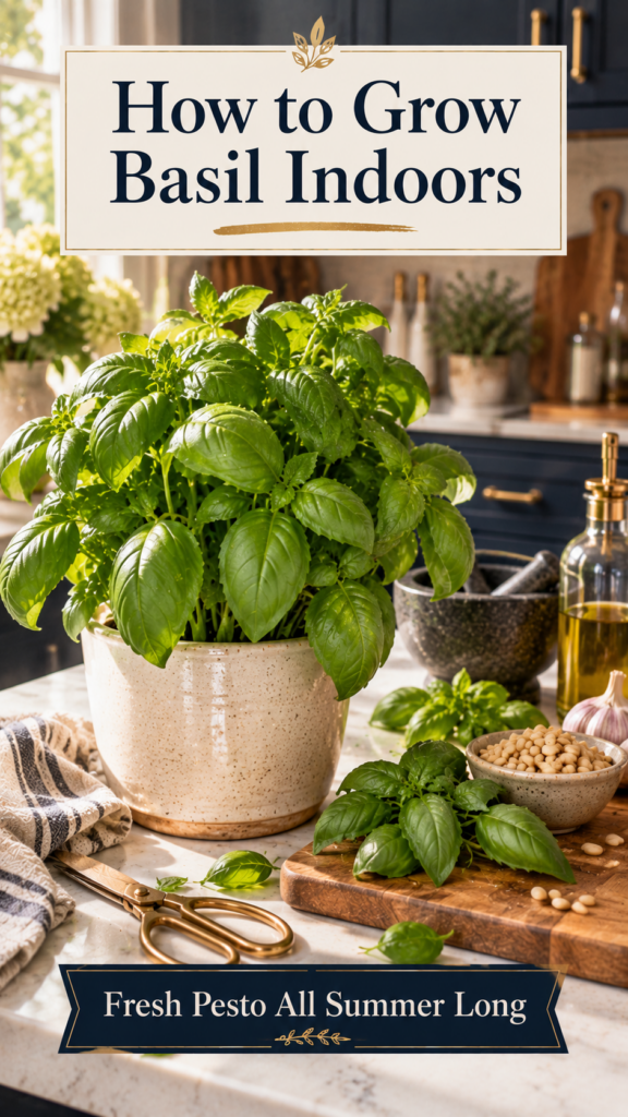Vibrant lush basil plant in a cream ceramic pot on a white quartz countertop with dark navy cabinetry softly blurred behind, close up of fresh basil leaves with dew droplets, wooden cutting board nearby with picked basil sprigs and a small bowl of pine nuts for pesto, brushed gold shears, warm natural light.