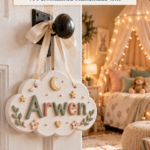 A cloud-shaped air dry clay name plaque with the name "Arwen" in raised sage and blush letters, decorated with a gold crescent moon, stars, a heart, and tiny pink flowers. It hangs from a cream ribbon on a bedroom doorknob, opening into a cozy girl's room with a fairy-light canopy bed and a teddy bear. The text reads "Clay Name Plaque for Kids, A Personalized Handmade Gift" and "Save This Gift Idea."