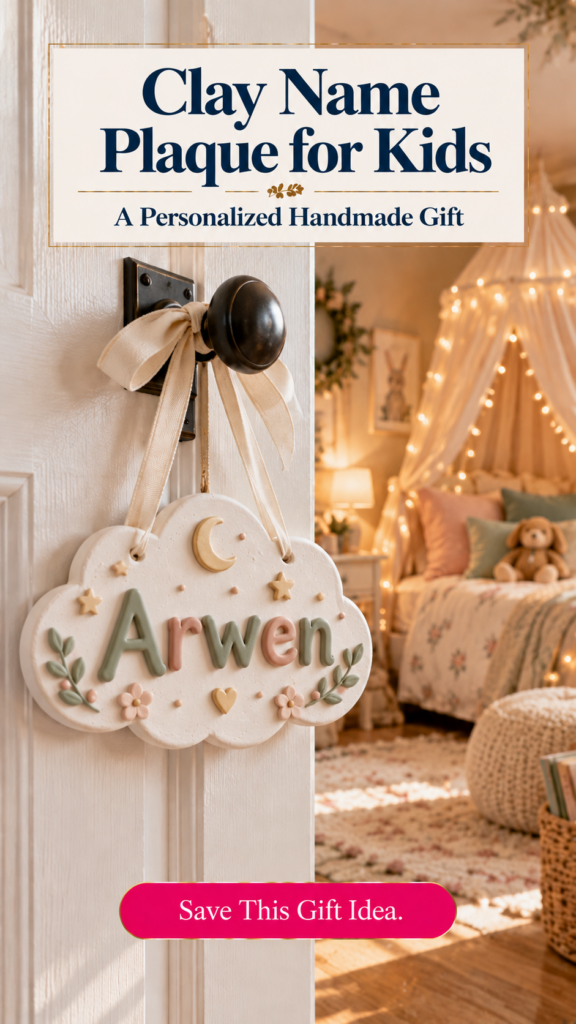 A cloud-shaped air dry clay name plaque with the name "Arwen" in raised sage and blush letters, decorated with a gold crescent moon, stars, a heart, and tiny pink flowers. It hangs from a cream ribbon on a bedroom doorknob, opening into a cozy girl's room with a fairy-light canopy bed and a teddy bear. The text reads "Clay Name Plaque for Kids, A Personalized Handmade Gift" and "Save This Gift Idea."
