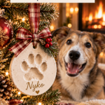 A round cream air dry clay ornament with a pressed paw print and the name "Nyko" in gold script with a small heart, hanging from a red plaid bow on a snowy Christmas tree. A smiling shepherd-mix dog lies on a plaid blanket beside a glowing fireplace. The text reads "Pawprint Clay Ornament, A Keepsake for Pet Lovers" and "Tap to Make One."