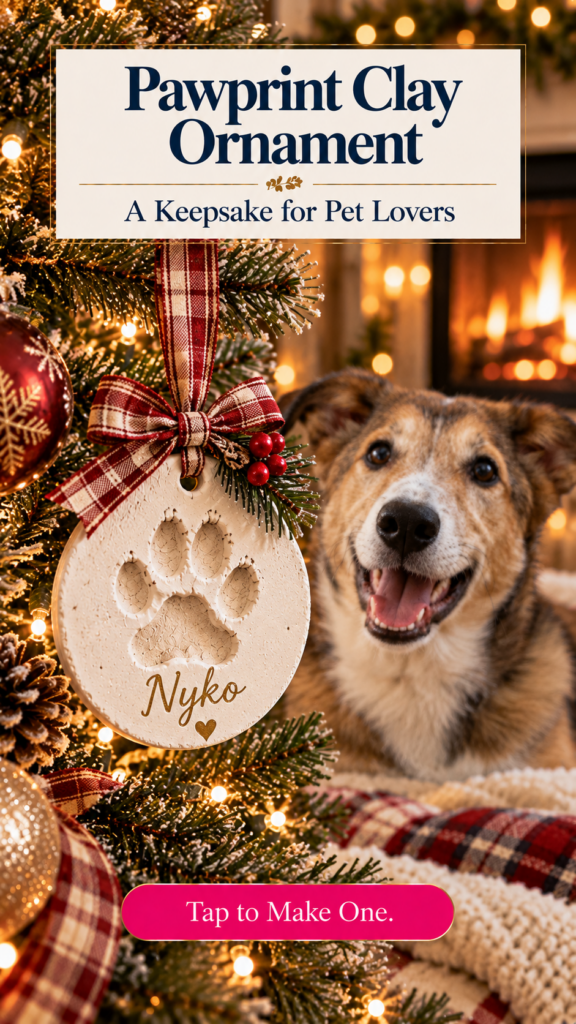 A round cream air dry clay ornament with a pressed paw print and the name "Nyko" in gold script with a small heart, hanging from a red plaid bow on a snowy Christmas tree. A smiling shepherd-mix dog lies on a plaid blanket beside a glowing fireplace. The text reads "Pawprint Clay Ornament, A Keepsake for Pet Lovers" and "Tap to Make One."