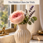 A ribbed, speckled cream air dry clay vase with a hidden glass insert, holding a pink garden rose, lavender, and eucalyptus on a sunny marble windowsill. The text reads "Clay Bud Vase (Real Flower Safe), The Hidden Glass Jar Trick" and "Tap to See How."