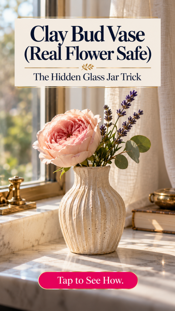 A ribbed, speckled cream air dry clay vase with a hidden glass insert, holding a pink garden rose, lavender, and eucalyptus on a sunny marble windowsill. The text reads "Clay Bud Vase (Real Flower Safe), The Hidden Glass Jar Trick" and "Tap to See How."