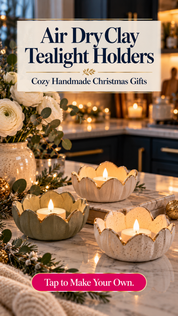 Three petal-shaped air dry clay candle holders in cream, speckled, and sage with gold-painted edges, holding glowing tealights on a marble kitchen island with white ranunculus, eucalyptus, and evergreen. The text reads "Air Dry Clay Tealight Holders, Cozy Handmade Christmas Gifts" and "Tap to Make Your Own."