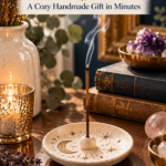 A cream air dry clay incense holder painted with a gold crescent moon and stars, holding a lit incense stick on a wooden desk with lavender, crystals, and old books. The text reads "DIY Clay Incense Holder, A Cozy Handmade Gift in Minutes."