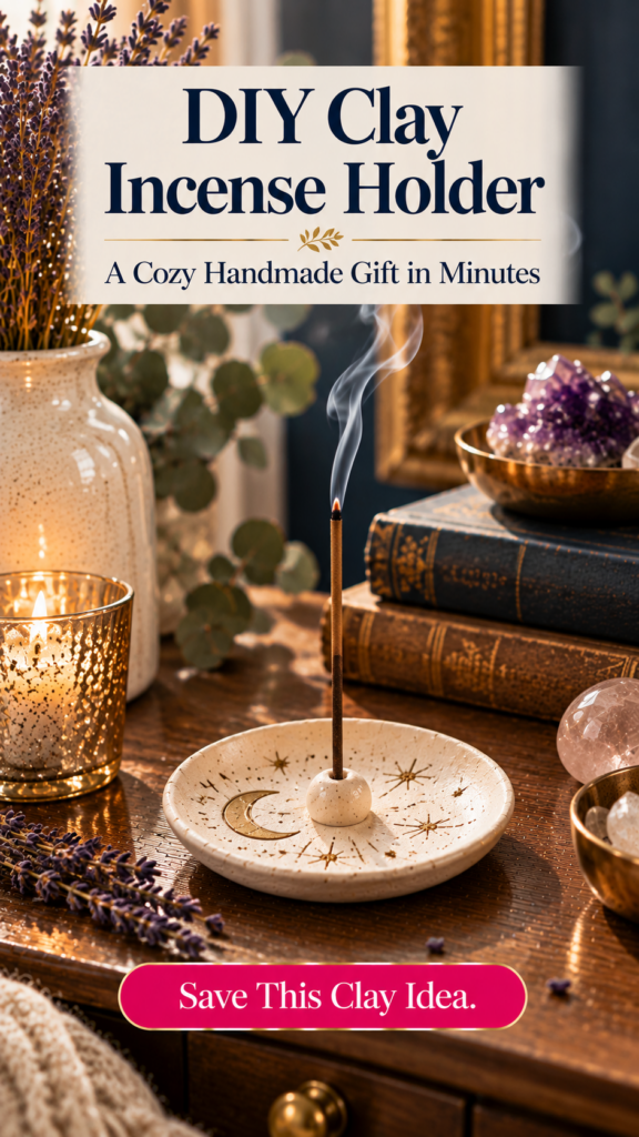 A cream air dry clay incense holder painted with a gold crescent moon and stars, holding a lit incense stick on a wooden desk with lavender, crystals, and old books. The text reads "DIY Clay Incense Holder, A Cozy Handmade Gift in Minutes."