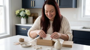 Jennifer Dawn placing a white air dry clay trinket dish into a kraft gift box on a quartz kitchen island, with a speckled ring dish, three clay star ornaments, a bud vase and twine, in a navy kitchen with hydrangeas