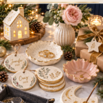 A flat lay of handmade air dry clay Christmas gifts on a white marble counter, including a speckled gold-rimmed trinket dish with rings, personalized round ornaments with gold script names and 2026, a stack of botanical coasters, a blush scalloped jewelry dish, a crescent moon incense holder, a charcoal valet tray with a watch, a glowing speckled clay house, a ribbed bud vase with a pink rose, and a star gift tag on kraft-wrapped presents. The text reads "25 Air Dry Clay Gifts People Will Actually Use (Christmas Edition)."