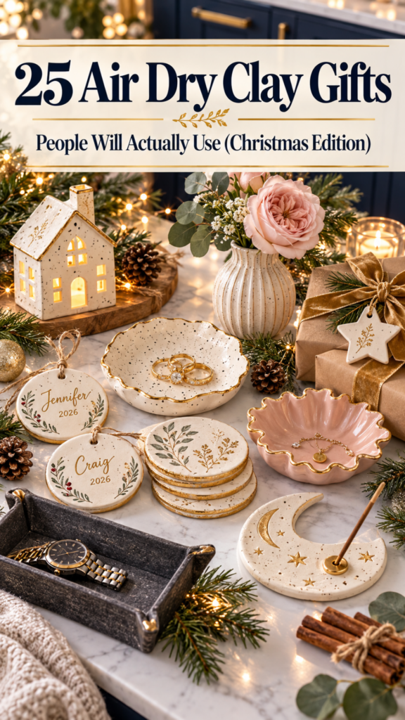 A flat lay of handmade air dry clay Christmas gifts on a white marble counter, including a speckled gold-rimmed trinket dish with rings, personalized round ornaments with gold script names and 2026, a stack of botanical coasters, a blush scalloped jewelry dish, a crescent moon incense holder, a charcoal valet tray with a watch, a glowing speckled clay house, a ribbed bud vase with a pink rose, and a star gift tag on kraft-wrapped presents. The text reads "25 Air Dry Clay Gifts People Will Actually Use (Christmas Edition)."