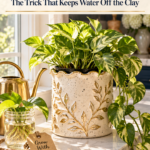 A speckled cream air dry clay plant pot cover with embossed leaves and a gold scalloped rim, holding a trailing golden pothos in a hidden nursery pot, on a sunny quartz windowsill beside a brass watering can and a pothos cutting in a jar of water. The text reads "Air Dry Clay Plant Pot, The Trick That Keeps Water Off the Clay" and "Tap to See How."